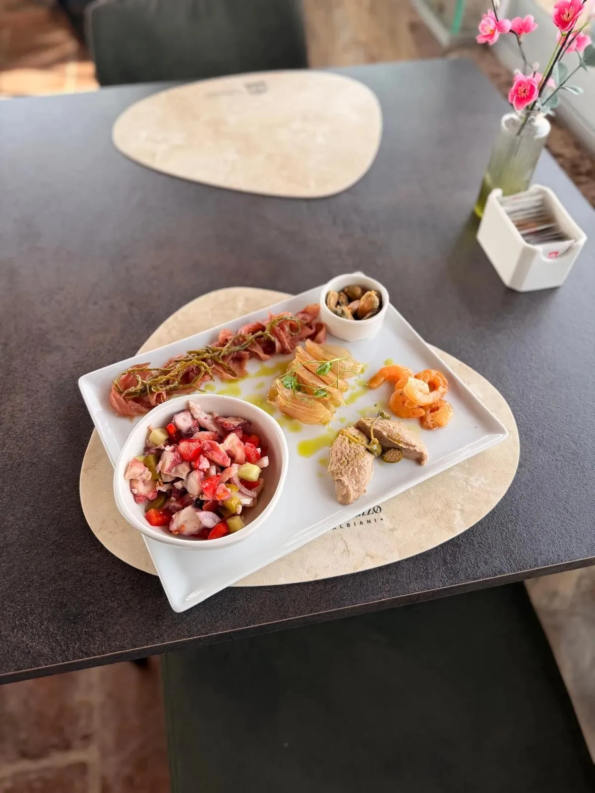 The Sibenik platter: octopus salad, smoked tuna, tuna pate, prawns and mussels